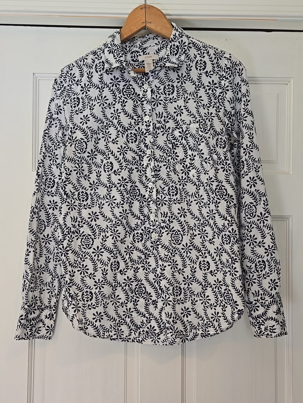 J. Crew White Button-Down Shirt with Navy Floral Motif XS